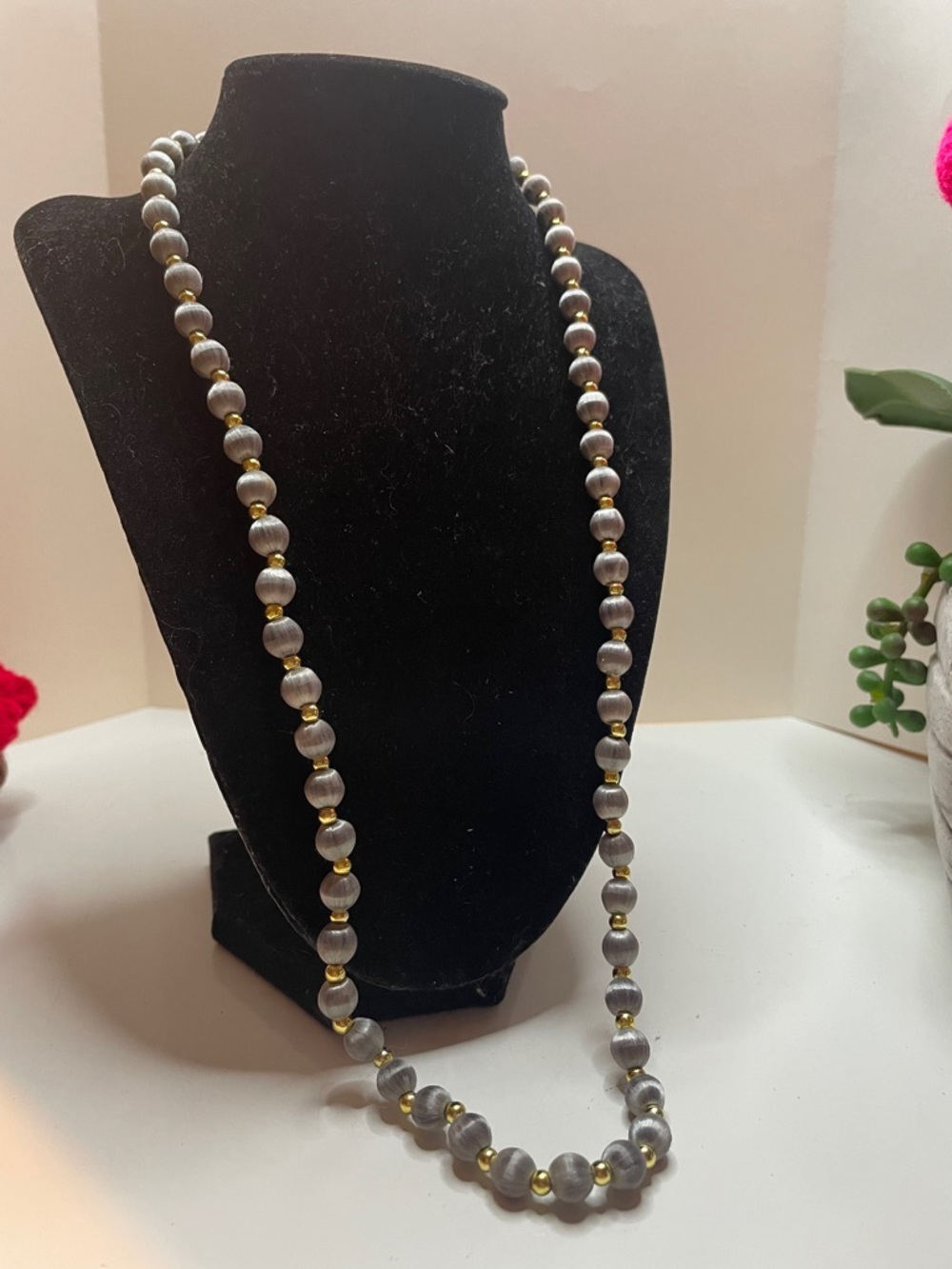 Elegant Gray Glass Bead Necklace with Gold Accent